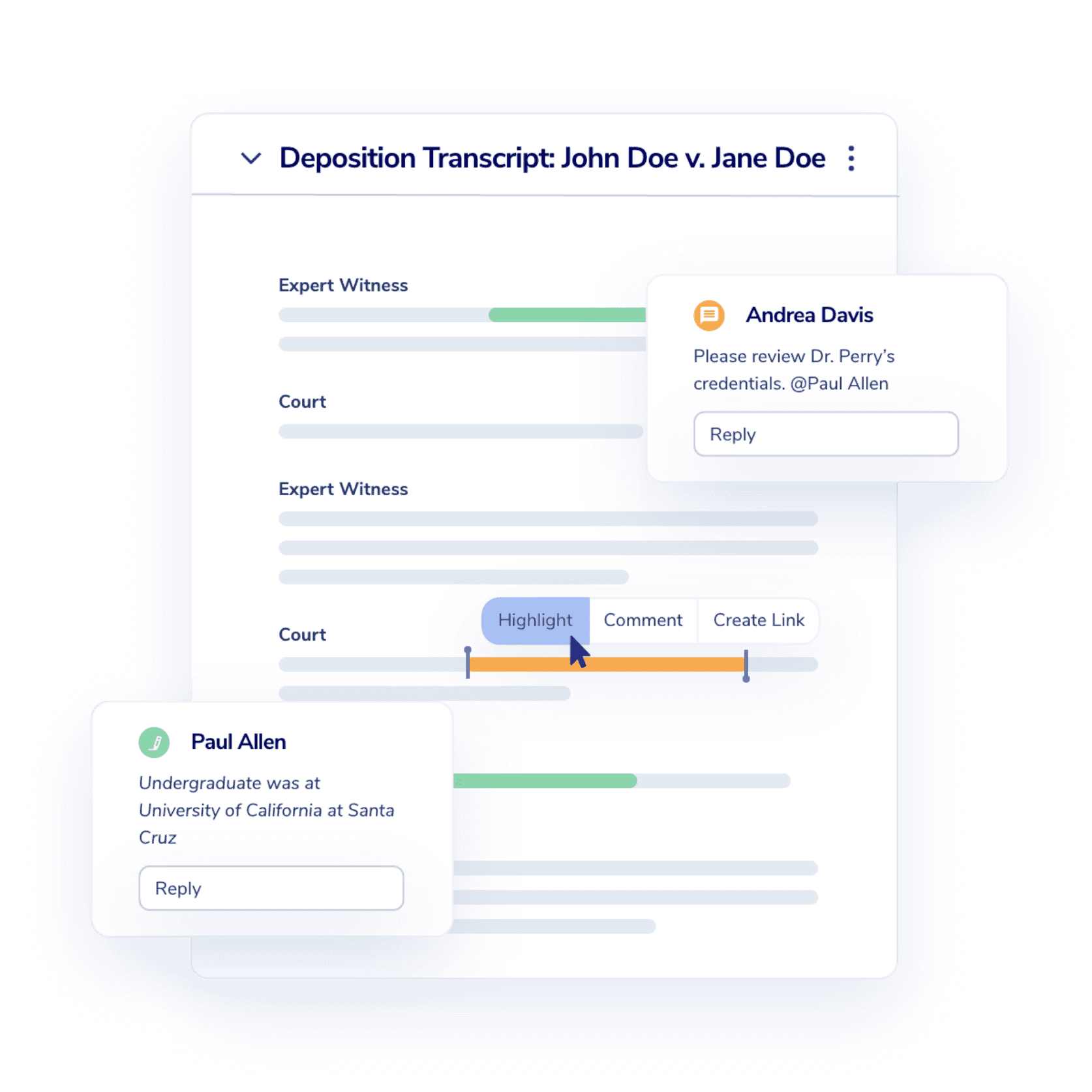 Collaborate with comments, highlights, and linking within transcripts